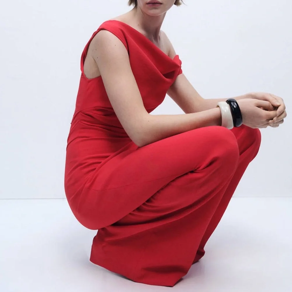 Mango MNG - red asymmetrical off shoulder jumpsuit
